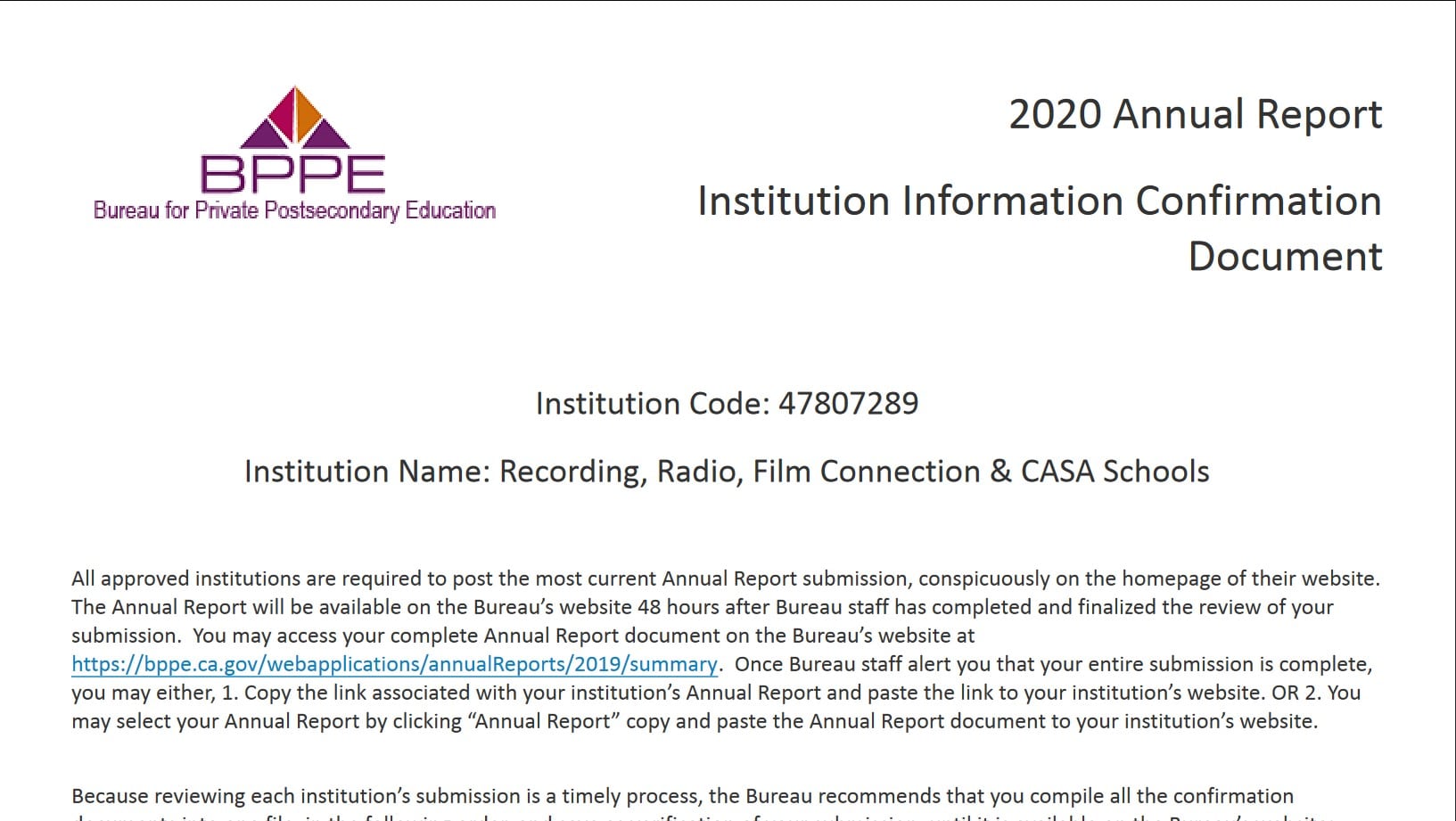 Annual Report Institution Confirmation