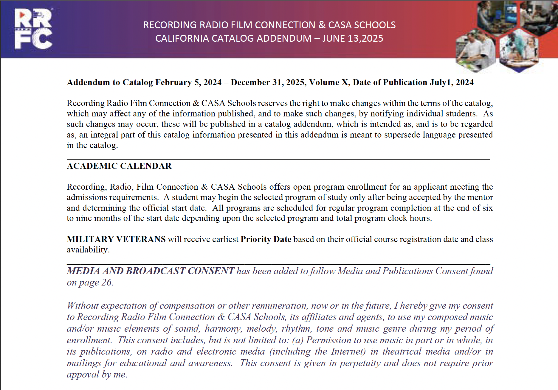 Screenshot Recording Radio Film Connection CASA Schools California Catalog Addendum 06.13.2025