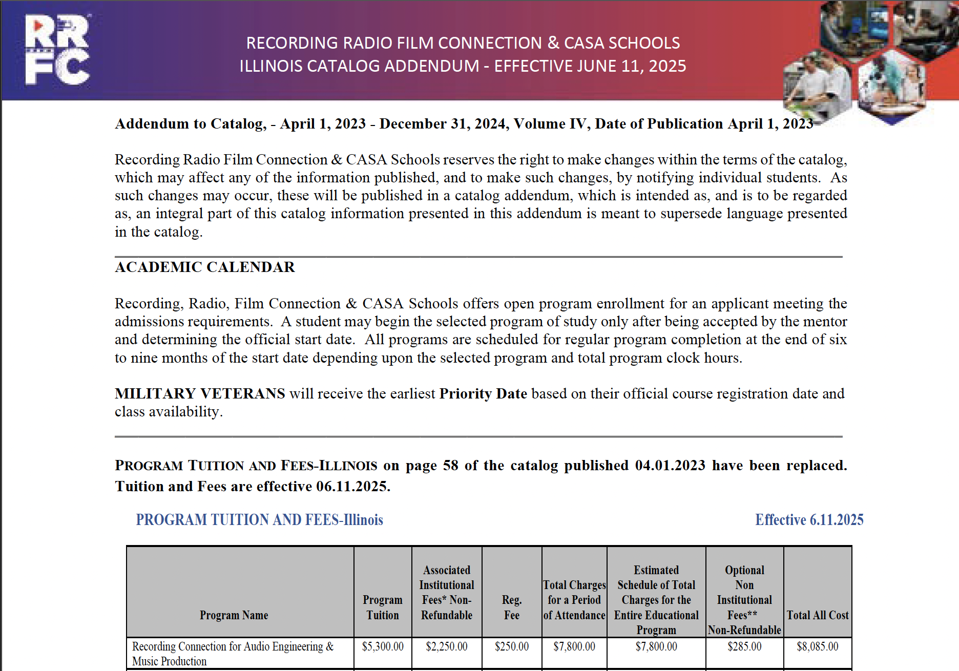 Screenshot Recording Radio Film Connection CASA Schools Illinois Catalog Addendum 5.11.2025