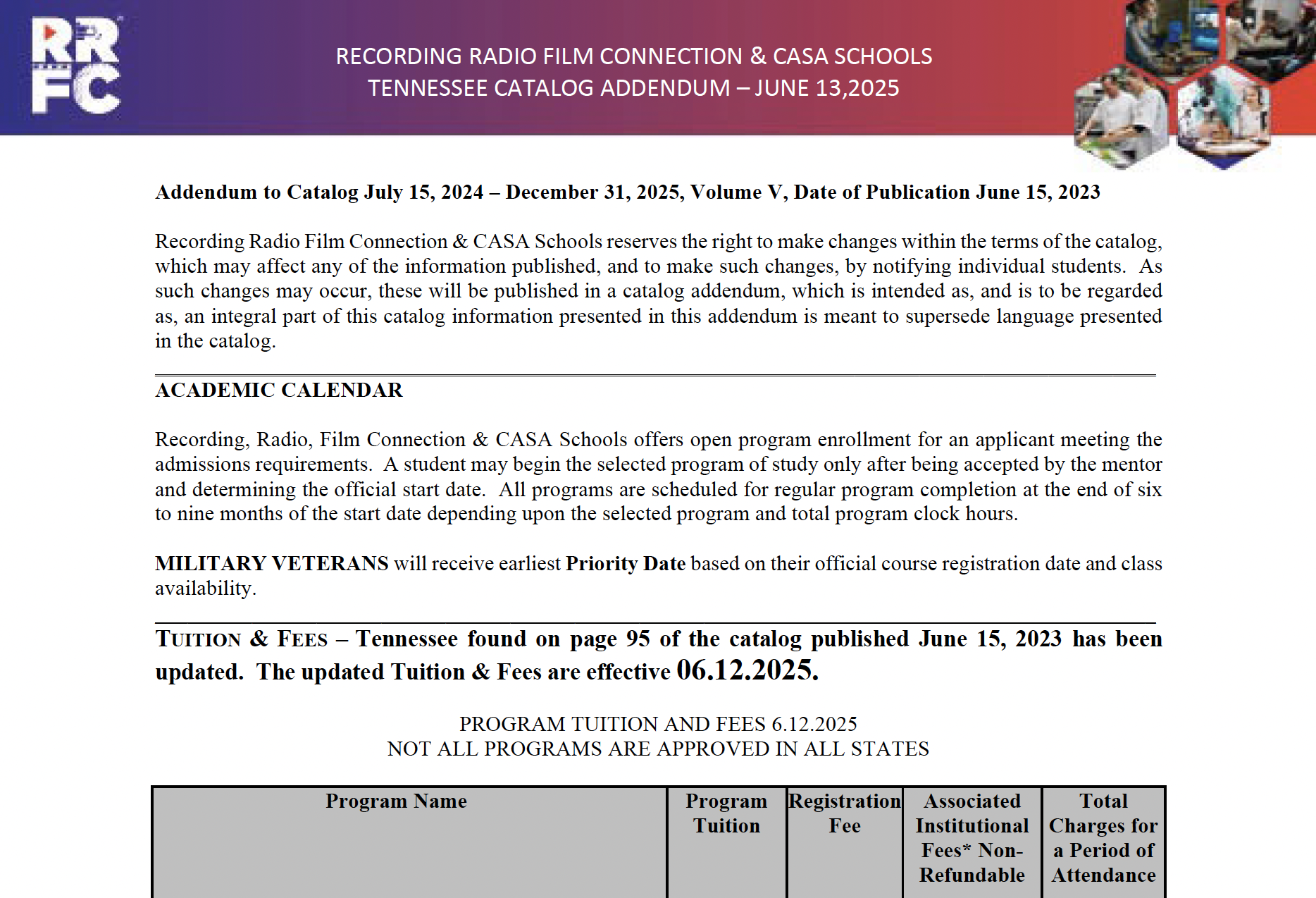 Screenshot Recording Radio Film Connection CASA Schools Tennessee Catalog Addendum 06.13.2025