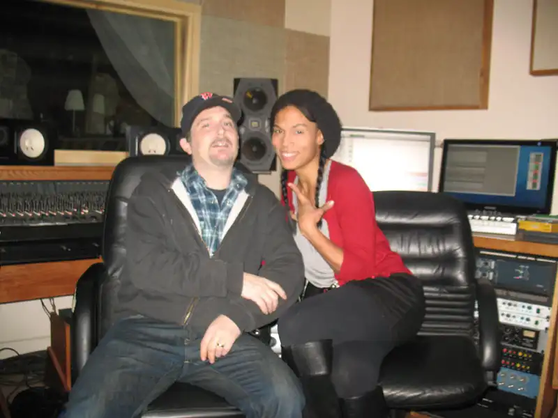 Matt Stein Recording Studio Owner, Recording Connection Mentor and Grad posing with Recording Connection student in the studio